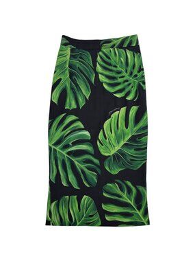 Dolce & Gabbana Leaf Pattern Skirt Long Tight Slit Silk Polyurethane Black Green